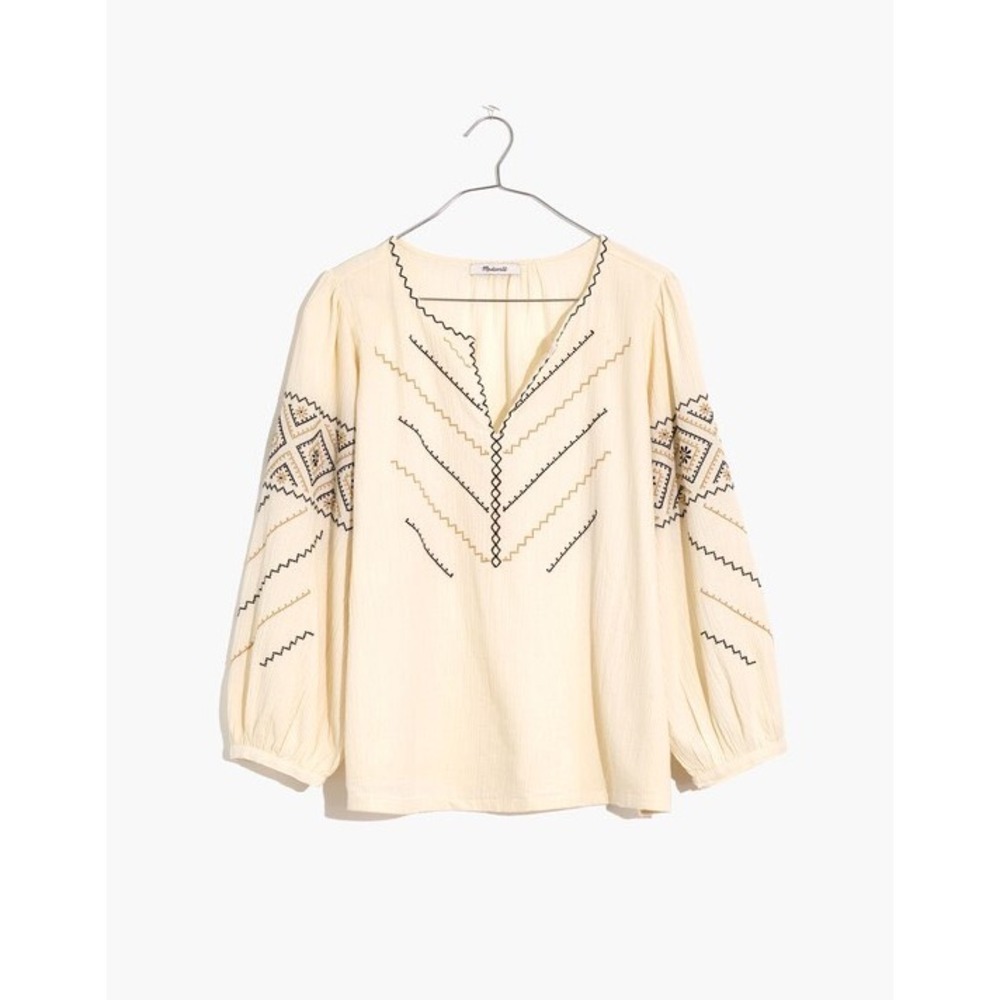 Madewell Embroidered Peasant Top Antique Cream Size S V Neck Long Sleeve Cotton